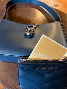 Michael Kors Navy Leather Shoulder Bag with Quilted Zip Card Pouch